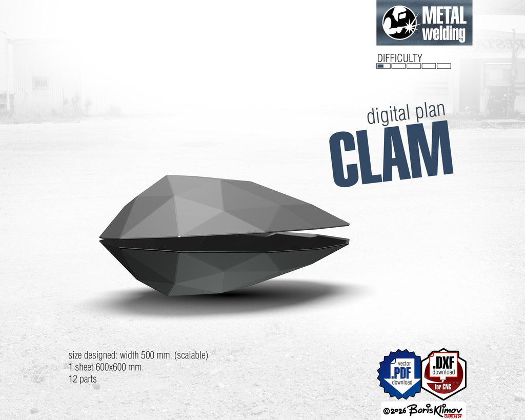 Clam 3d sculpture. DIY Welding Plan. Digital files (.pdf, .dxf CNC Cutting)