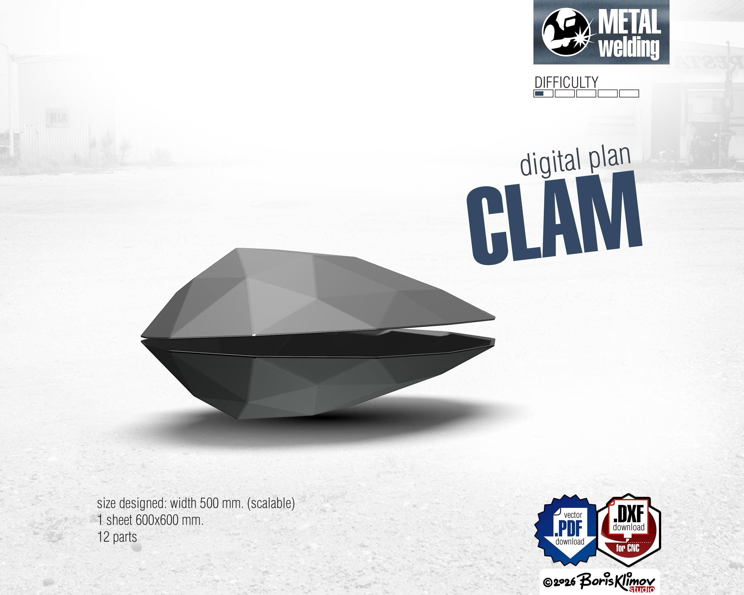 Clam 3d sculpture. DIY Welding Plan. Digital files (.pdf, .dxf CNC Cutting)