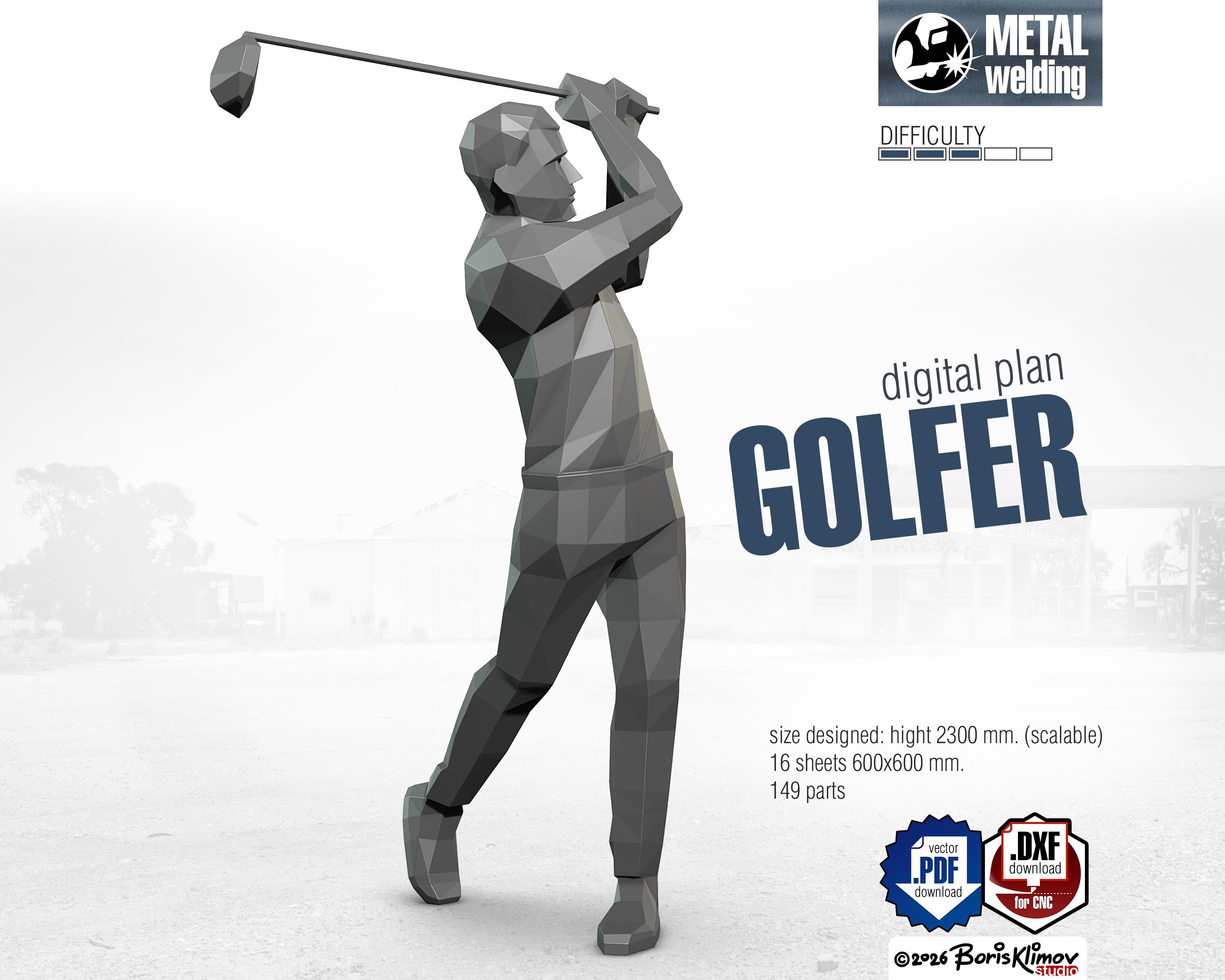 Golf player 3d sculpture. DIY Welding Plan. Digital files (.pdf, .dxf CNC Cutting)