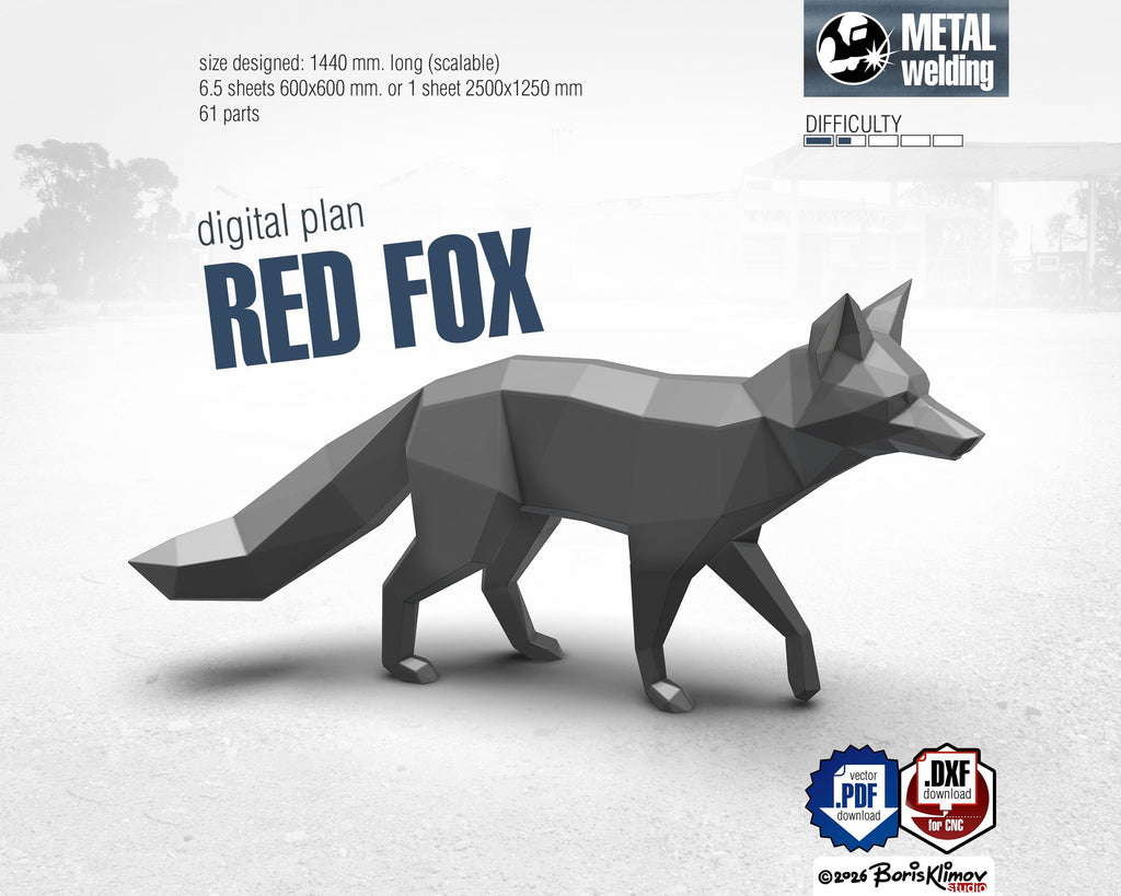 Fox 3d sculpture. DIY Welding Plan. Digital files (.pdf, .dxf CNC Cutting)