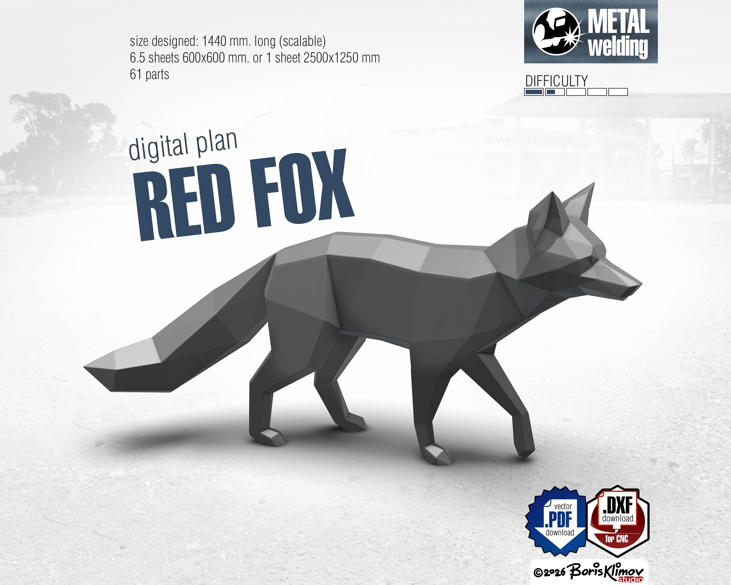 Fox 3d sculpture. DIY Welding Plan. Digital files (.pdf, .dxf CNC Cutting)