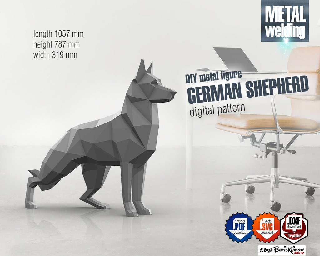 German shepherd! Weld it yourself with Digital plan for metal. Set of digital files include: .pdf – scheme, .dxf – CNC cutting.