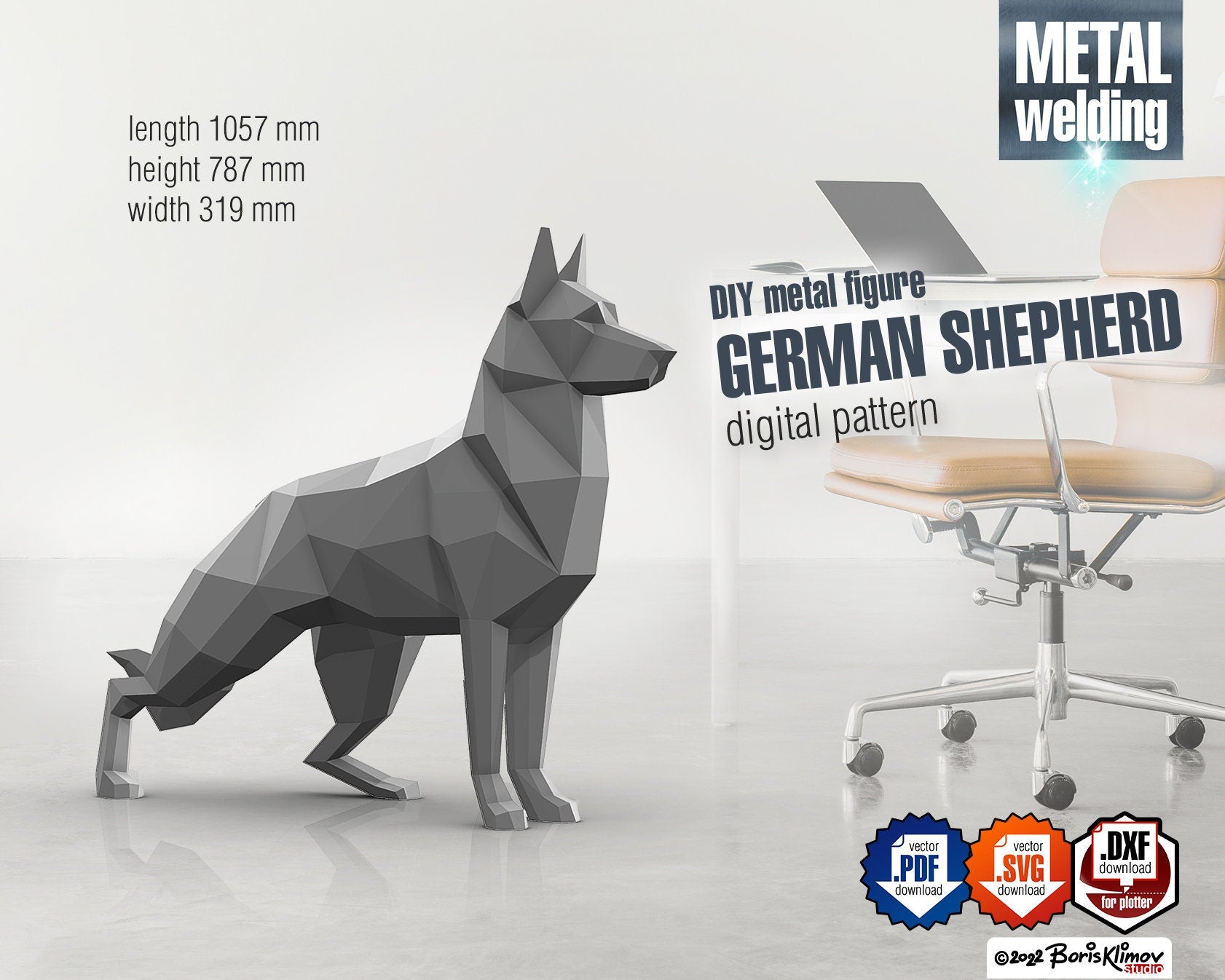 German shepherd! Weld it yourself with Digital plan for metal. Set of digital files include: .pdf – scheme, .dxf – CNC cutting.