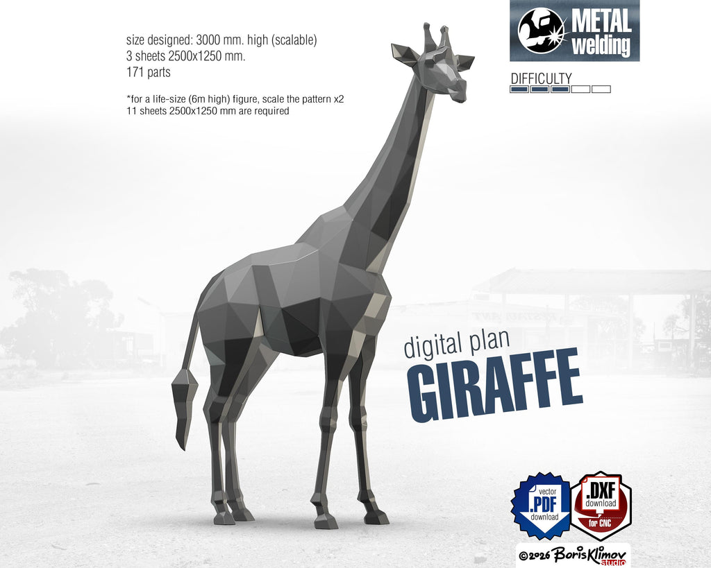 Giraffe 3d sculpture. DIY Welding Plan. Digital files (.pdf, .dxf CNC Cutting)