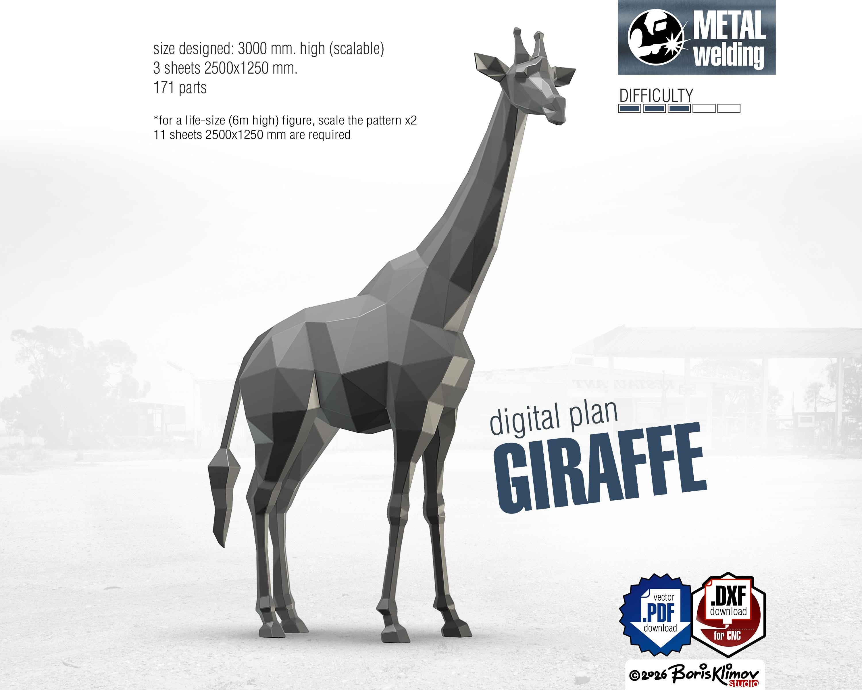 Giraffe 3d sculpture. DIY Welding Plan. Digital files (.pdf, .dxf CNC Cutting)