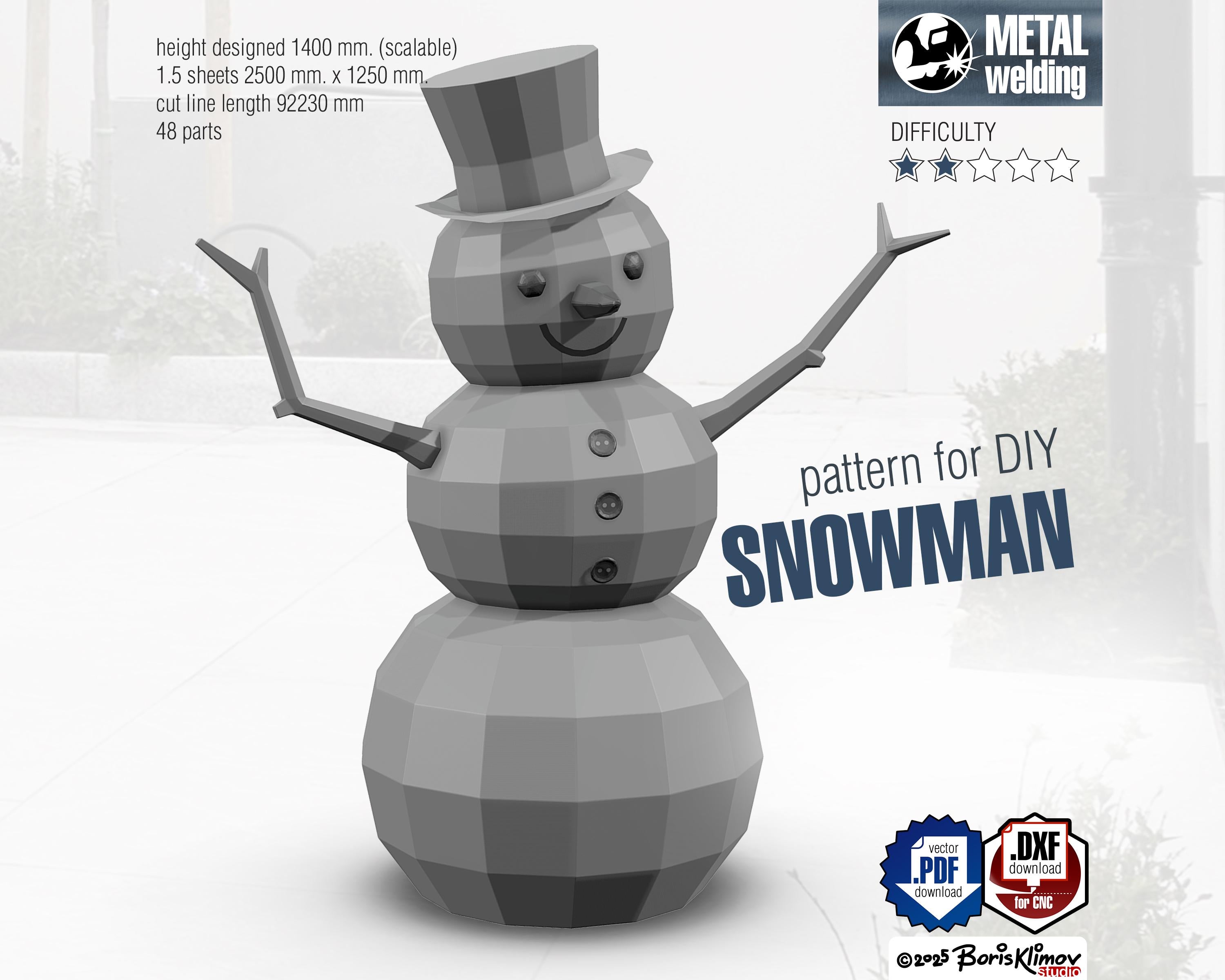 Snowman 3d sculpture. DIY Welding Plan. Digital files (.pdf, .dxf CNC Cutting)