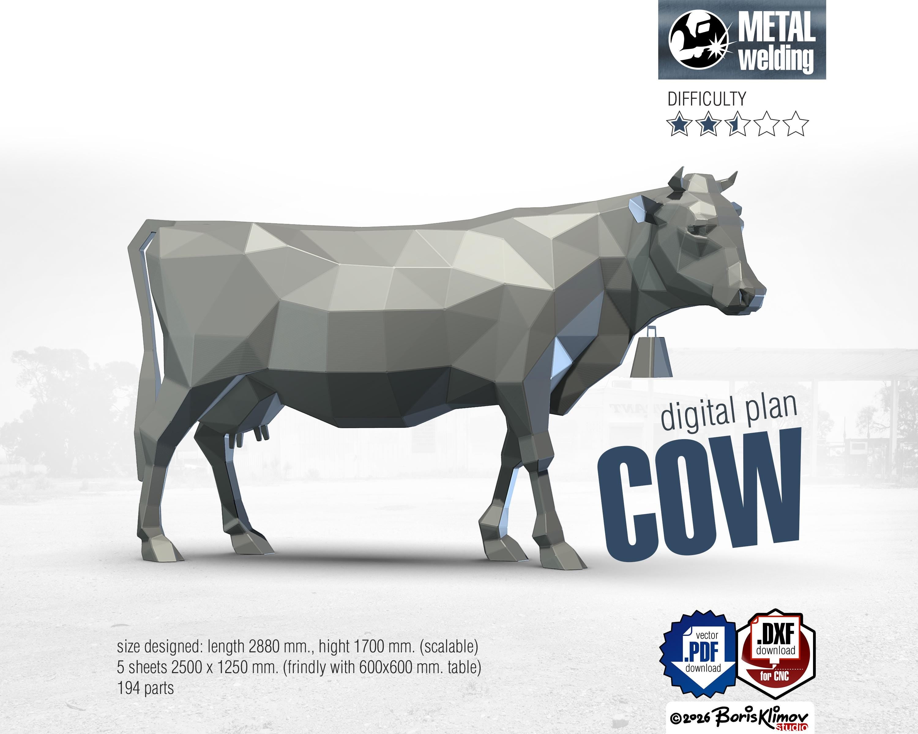 Cow 3d sculpture. DIY Welding Plan. Digital files (.pdf, .dxf CNC Cutting)