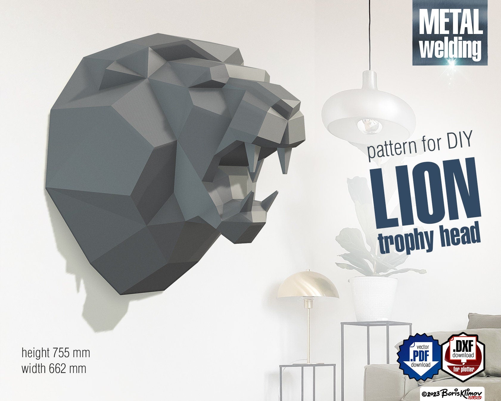 Lion trophy head! Weld it yourself with Digital plan for metal. Set of digital files include: .pdf – scheme, .dxf – CNC cutting.