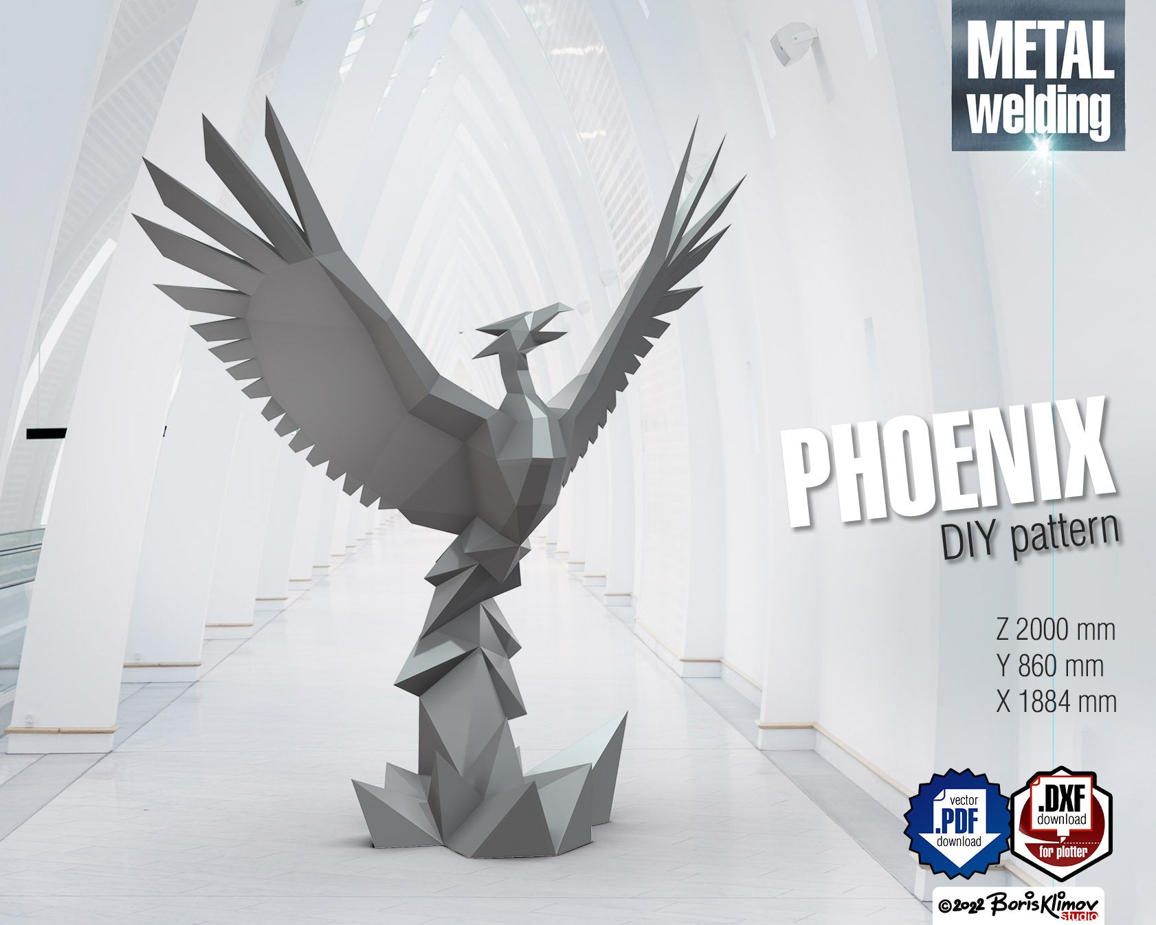 Phoenix! Weld it yourself with Digital plan for metal. Set of digital files include: .pdf – scheme, .dxf – CNC cutting.