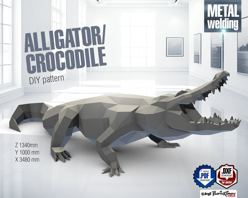 Crocodile, Alligator, DIY metal welding low poly 3d model, digital pattern .pdf .dxf