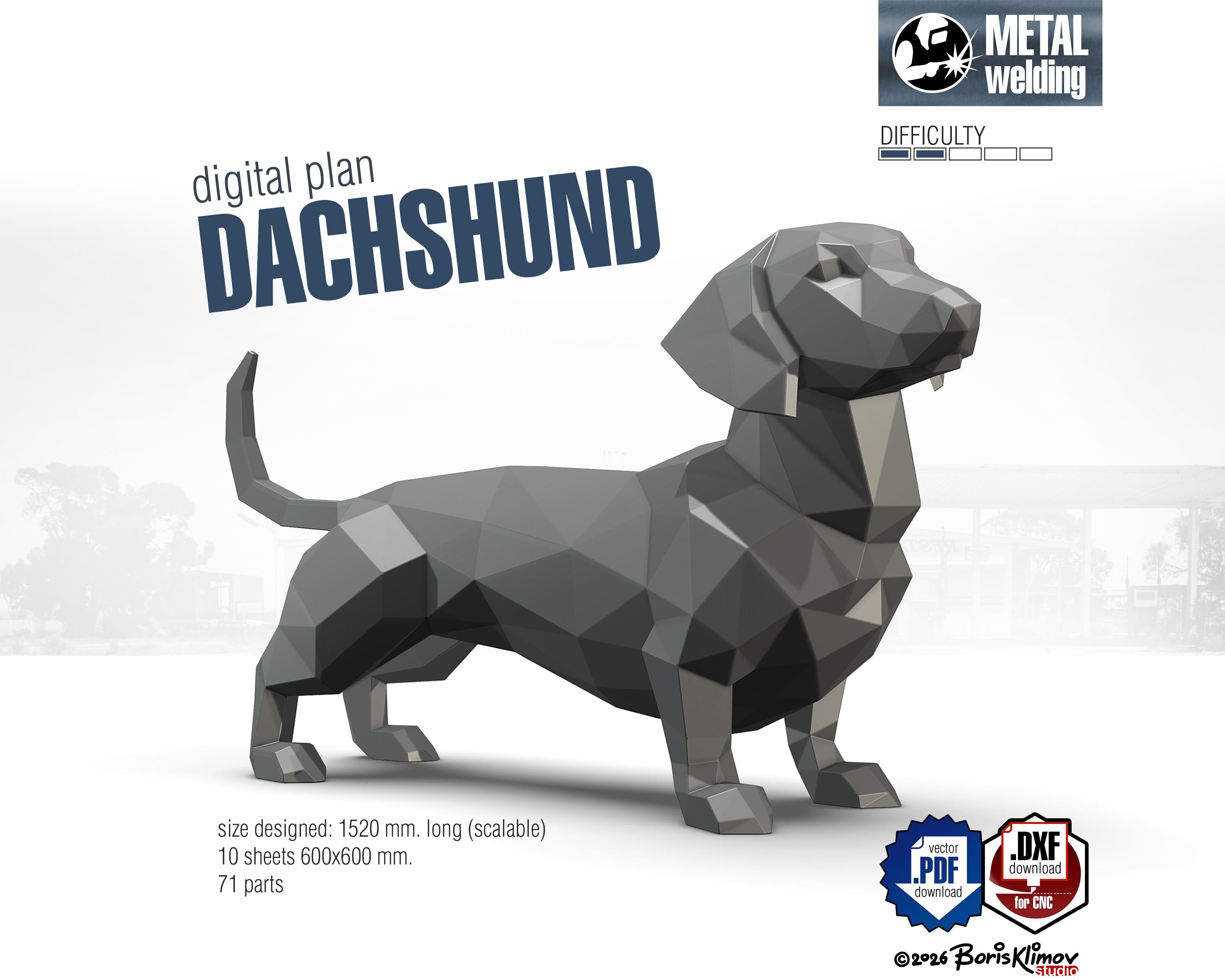 Dachshund 3d sculpture. DIY Welding Plan. Digital files (.pdf, .dxf CNC Cutting)