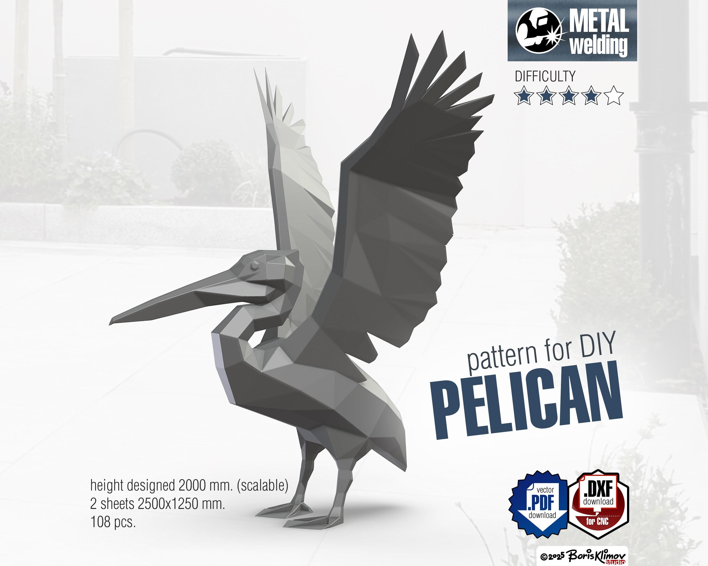 Pelican! Weld it yourself with Digital plan for metal. Set of digital files include .pdf – scheme, .dxf – CNC cutting.