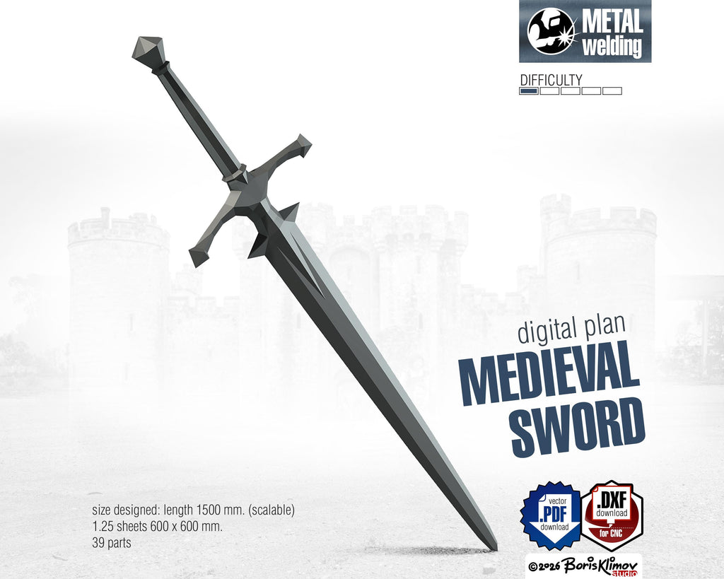 Medieval Sword 3d sculpture. DIY Welding Plan. Digital files (.pdf, .dxf CNC Cutting)
