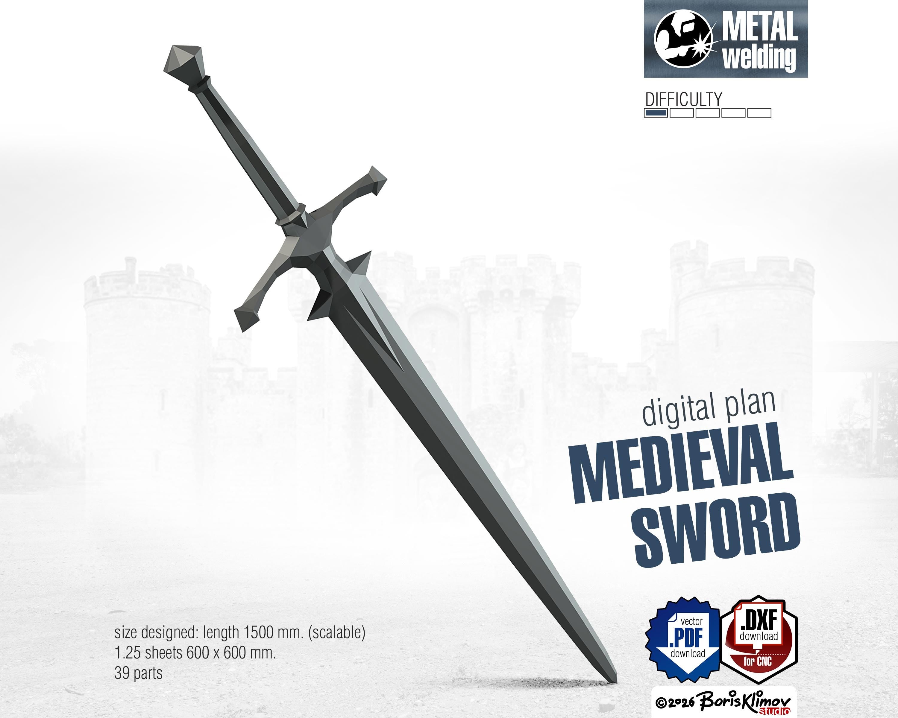 Medieval Sword 3d sculpture. DIY Welding Plan. Digital files (.pdf, .dxf CNC Cutting)