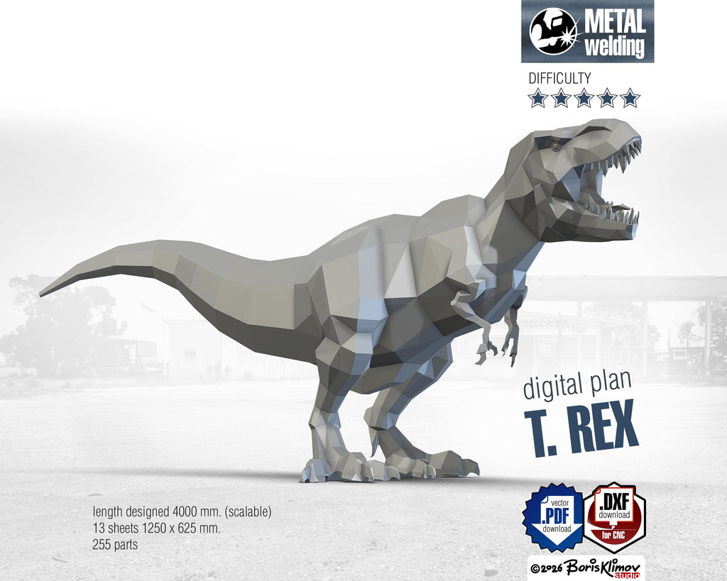 T. rex 3d sculpture. DIY Welding Plan. Digital files (.pdf, .dxf CNC Cutting)
