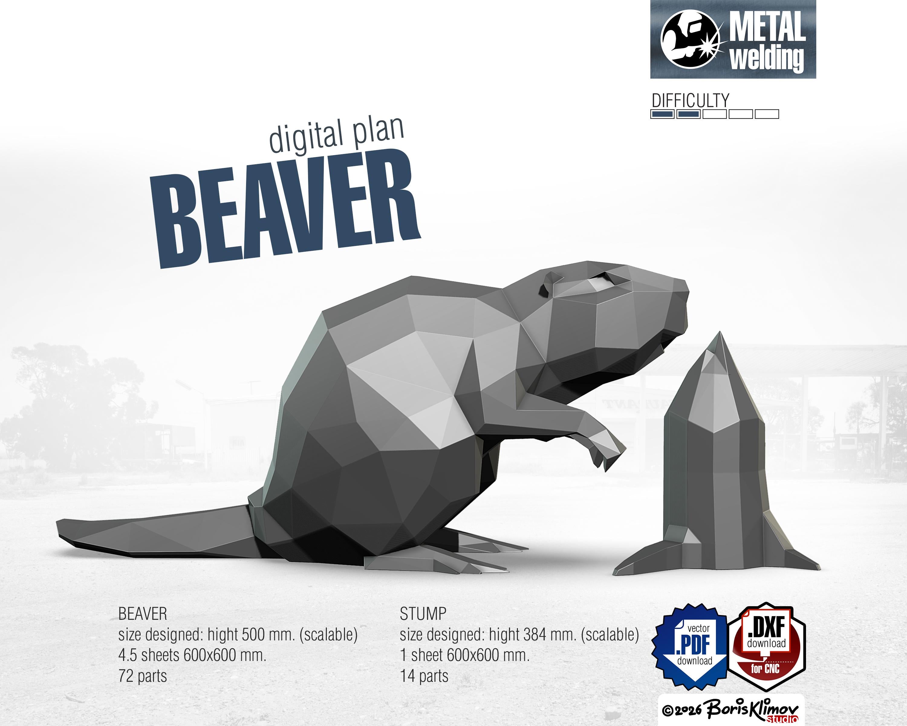 Beaver and stump 3d sculpture. DIY Welding Plan. Digital files (.pdf, .dxf CNC Cutting)