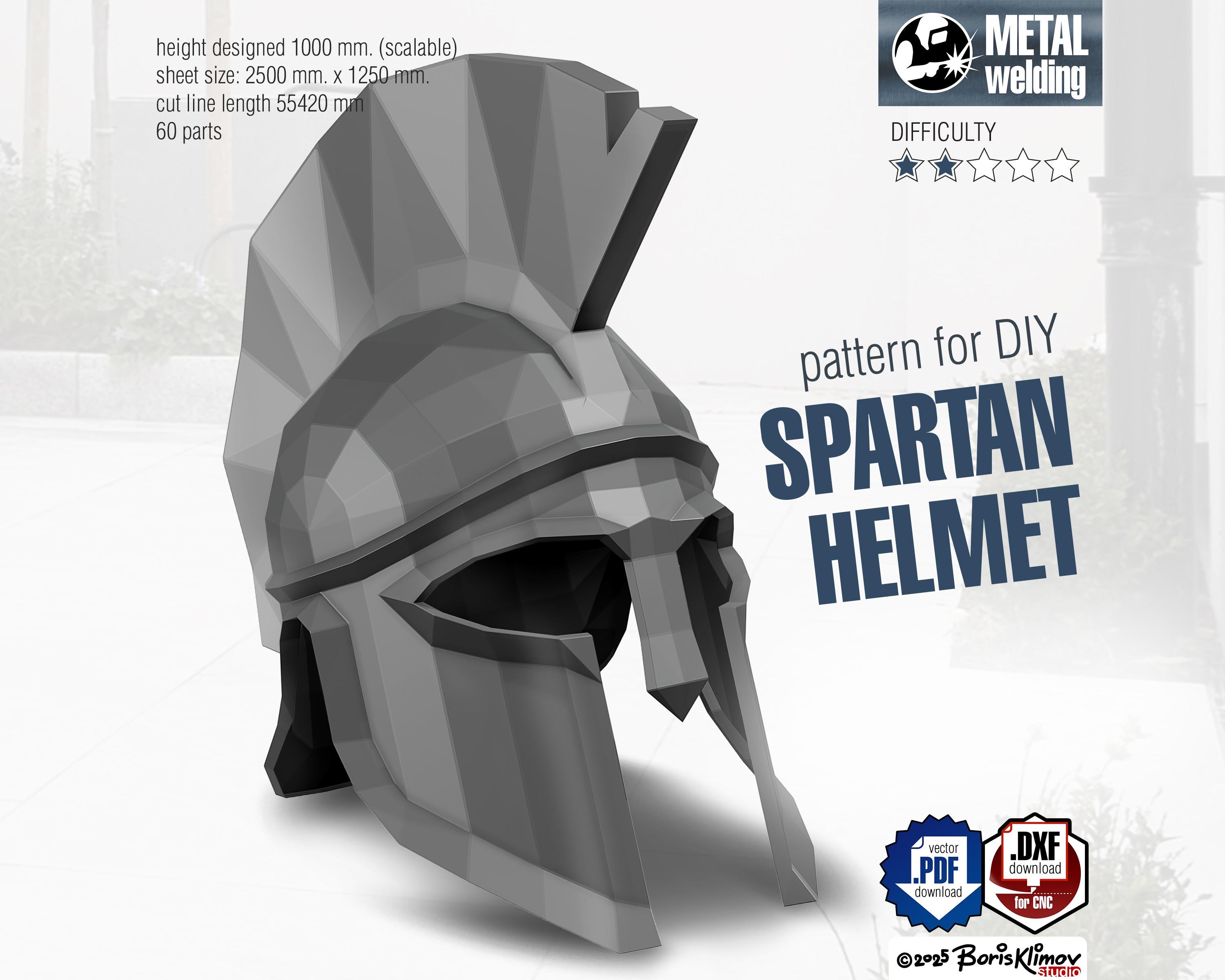 Spartan helmet 3d sculpture. DIY Welding Plan. Digital files (.pdf, .dxf CNC Cutting)