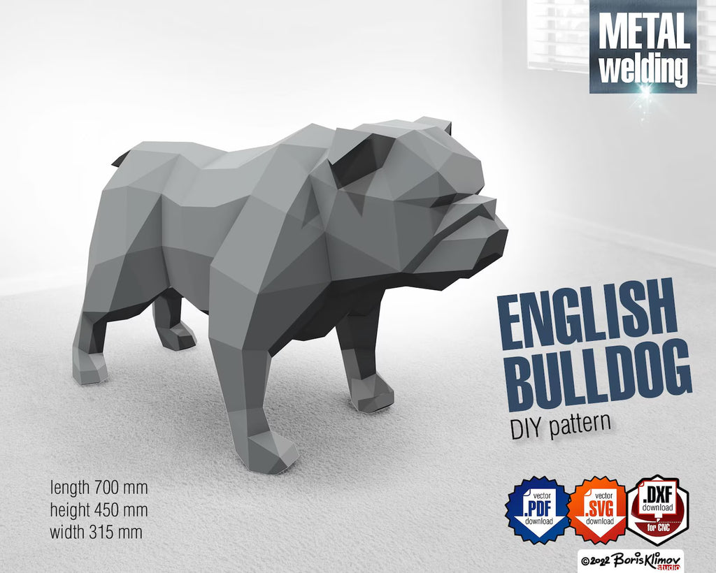 English bulldog! Weld it yourself with Digital plan for metal. Set of digital files include: .pdf – scheme, .dxf – CNC cutting.