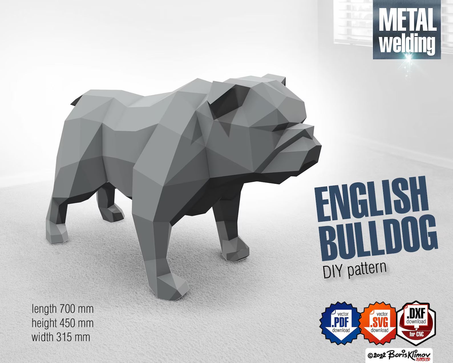 English bulldog! Weld it yourself with Digital plan for metal. Set of digital files include: .pdf – scheme, .dxf – CNC cutting.